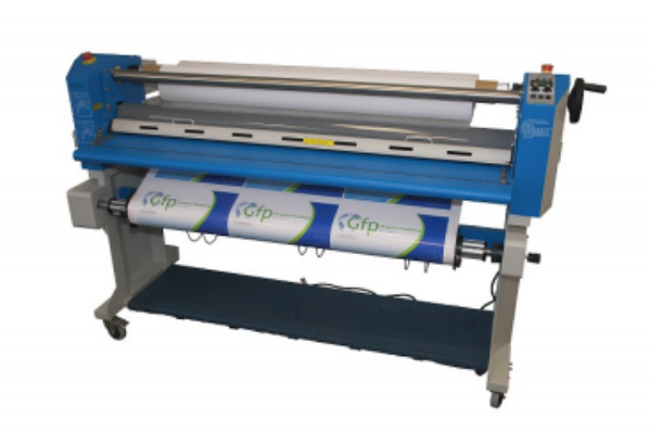 GFP 563TH-4RS 63" Top Heat Laminator w/ Swing Out Shafts & Stand With Rear Rewind Motor/Slitter/Tube Assembly
