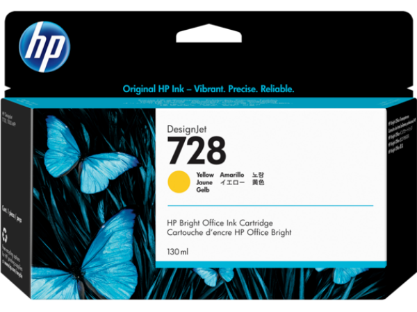 HP 728 130-ml Yellow DesignJet Ink Cartridge for DesignJet T730, T830 - F9J65A	