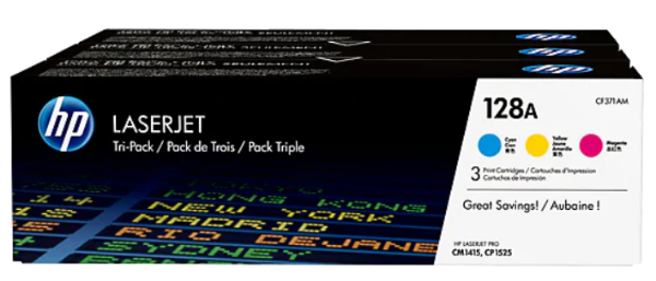 HP 128A 3-pack Cyan/Magenta/Yellow Original LaserJet Toner Cartridges - CF371AM	