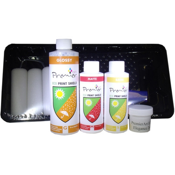 PremierArt ECO Print Shield Sample Kit 8oz Gloss, 4oz Satin, 4oz Matte, Tray, Roller Handle, 3 Hi-Density Foam Rollers