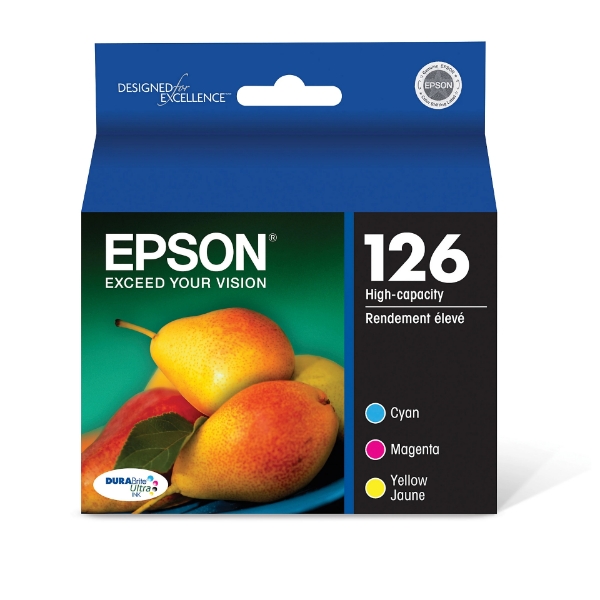 Epson 126 DURABrite Ultra High Capacity Color Ink Cartridges C/M/Y 3-Pack for WorkForce 60, 435, 520 545, 630, 633, 635, 645, 840, 845, WF-3520, WF-3540, WF-7010, WF-7510, WF-7520 and Stylus NX330, NX430 - T126520-S
