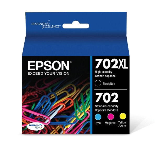 Epson T702XL DURABrite Ultra Black High Capacity and Color Standard Capacity Ink Cartridges C/M/Y/K 4-Pack - T702XL-BCS