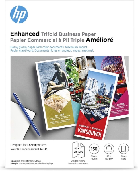 Picture of HP Enhanced Tri-fold Business Paper, Glossy, 8.5x11 in, 40 lb, 150 sheets for Laser Printers