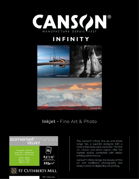 Canson Infinity Somerset Enhanced Velvet White 225gsm Matte 8.5"x11" - 25 Sheets