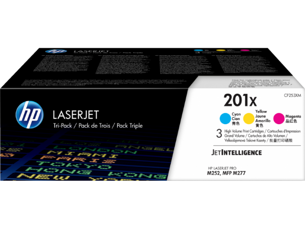 HP 201X 3-pack High Yield Cyan/Magenta/Yellow Original LaserJet Toner Cartridges for M252, MFP M277 - CF253XM