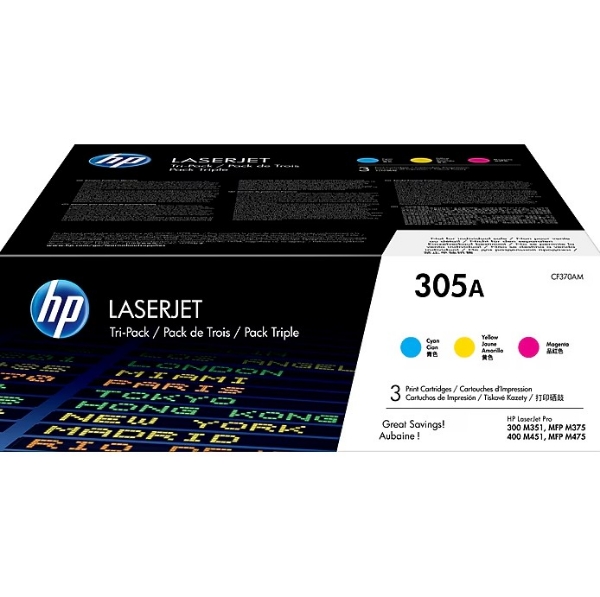 HP 305A 3-pack Cyan/Magenta/Yellow Original LaserJet Toner Cartridges for LaserJet Pro 300 M351, MFP M375, 400 M451, MFP M475 - CF370AM