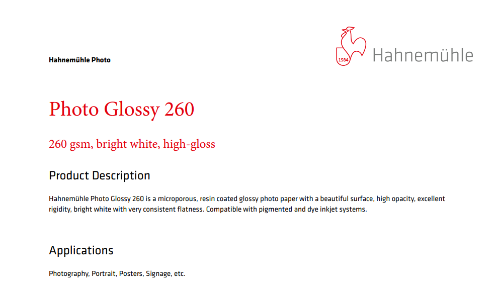 Hahnemuhle Photo Glossy Papier Din 260 G M 210 X 297 Mm Hellweiss Burobedarf Schreibwaren Drucker Kopierpapier